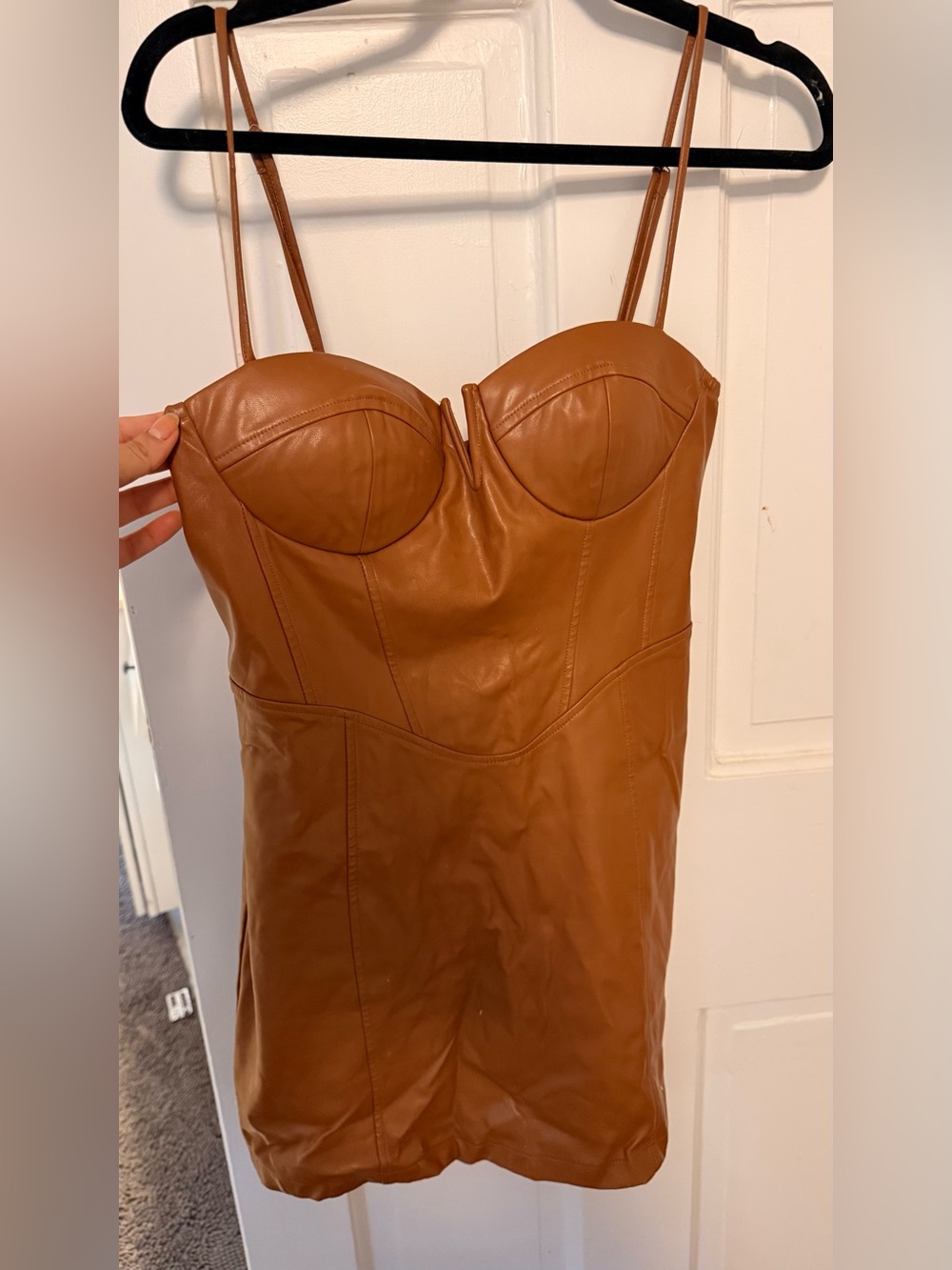 Faux Leather Camel Bustier Mini Dress